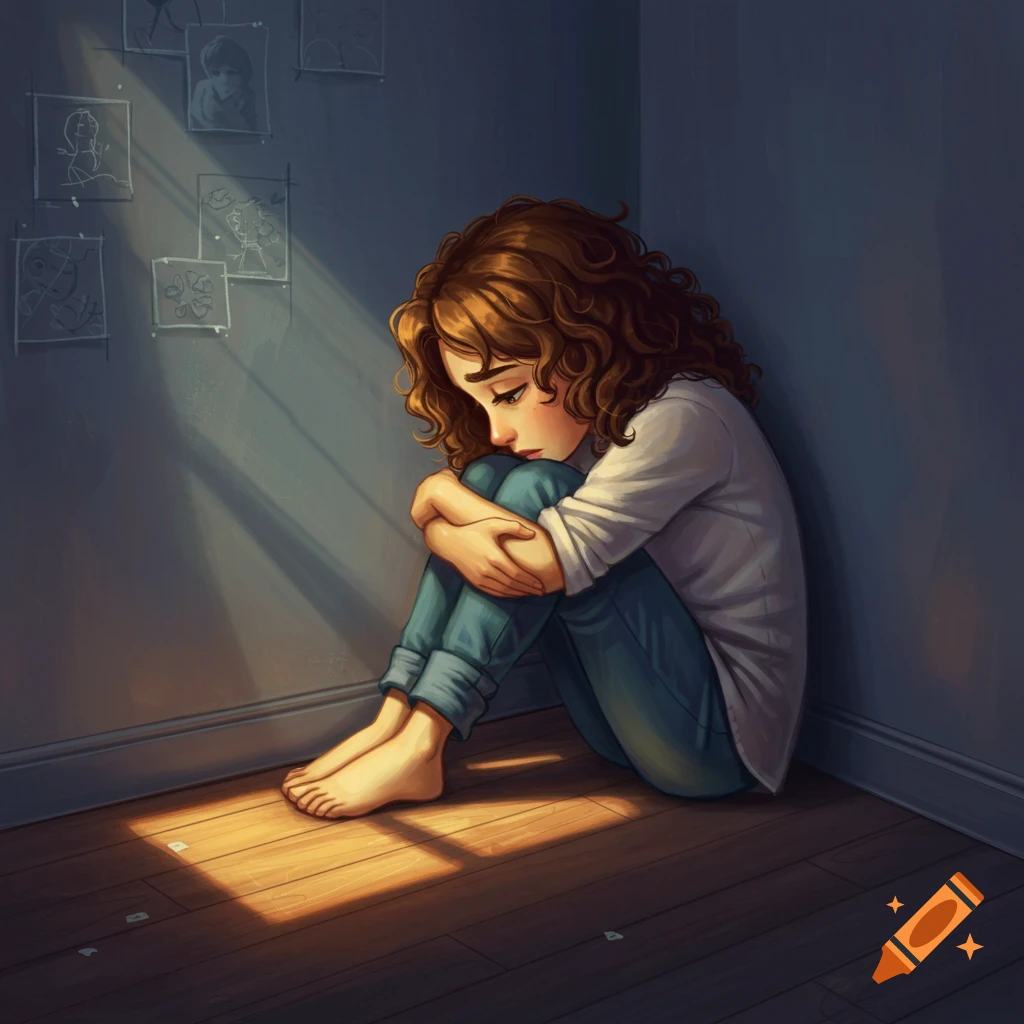 A sad, curly-haired girl sits alone in a dimly lit corner, hugging her knees, with sunlight shining on the wooden floor.