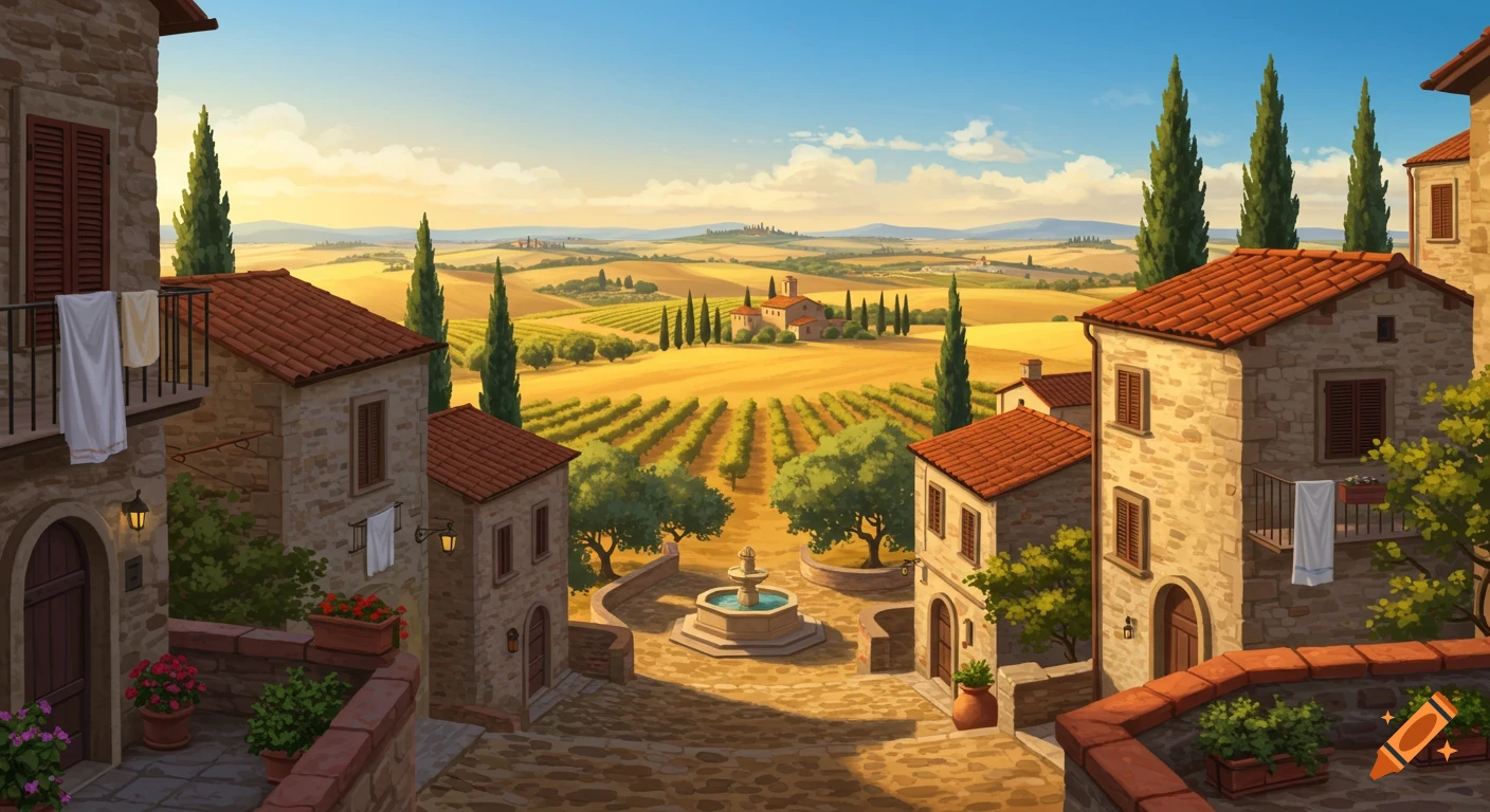 A beautiful stylized painting of an Italian village with stone buildings, cypress trees, vineyards, and a central fountain under a blue sky.
