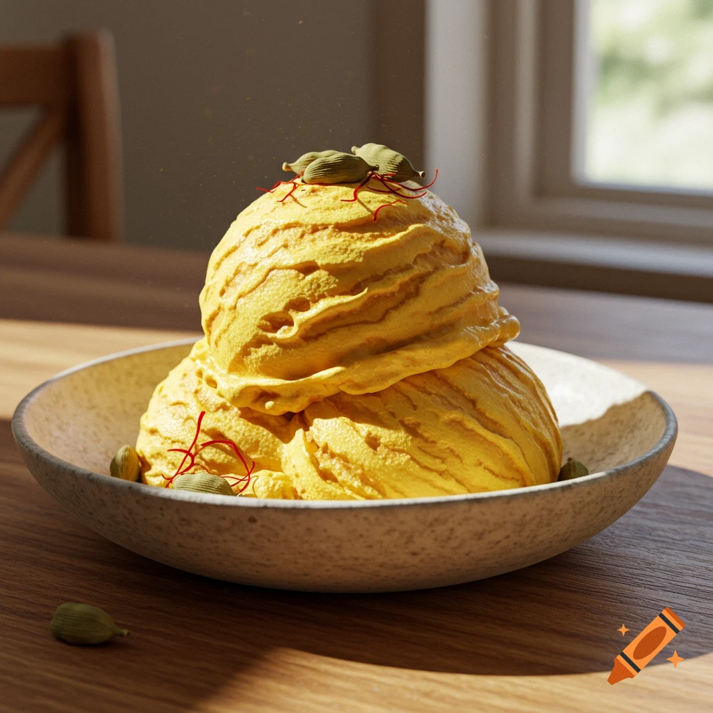 Three scoops of golden yellow ice cream topped with saffron strands and cardamom pods in a ceramic bowl on a wooden table, bathed in sunlight.