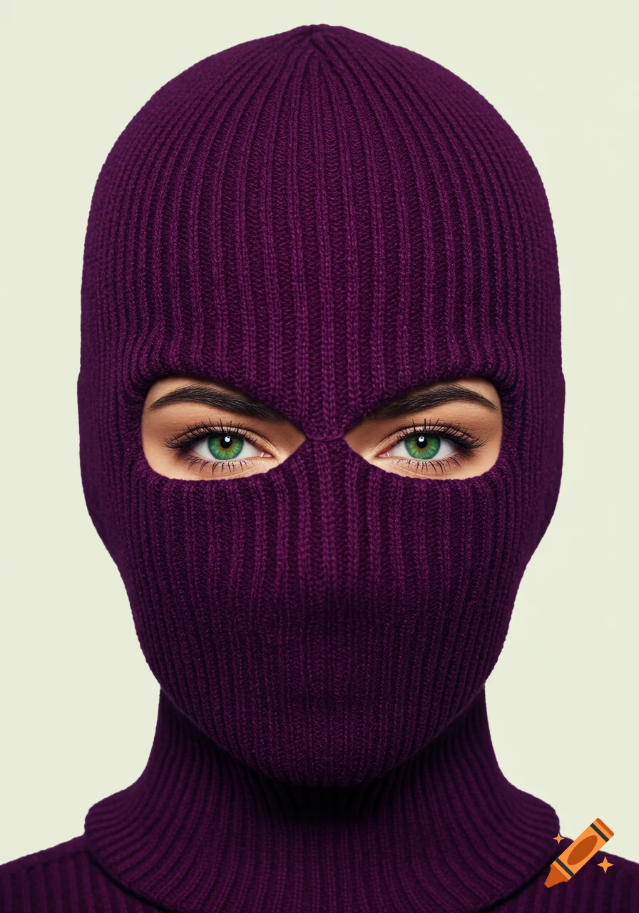 A minimalist front-facing portrait of a woman with striking green eyes wearing a purple knitted balaclava.