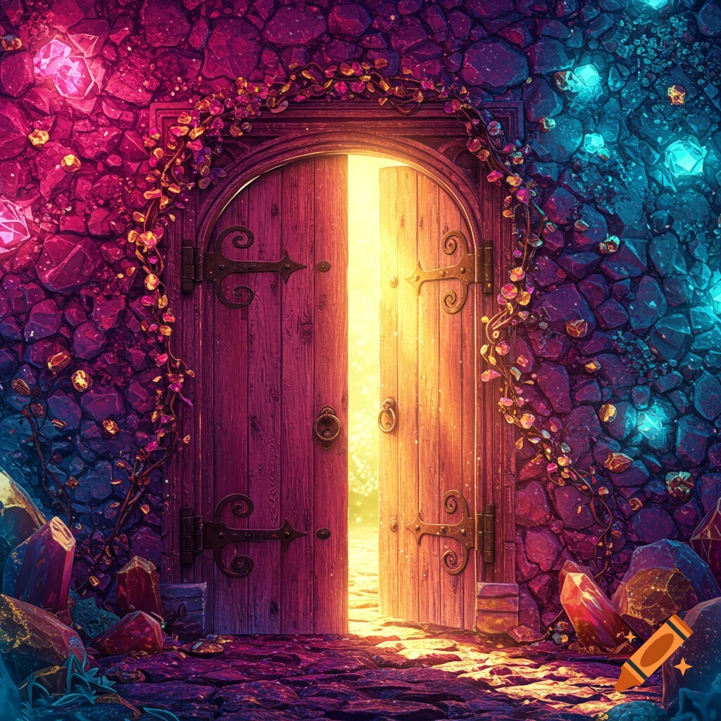A glowing wooden door slightly ajar in a stone wall adorned with vibrant pink and blue crystals and winding vines.