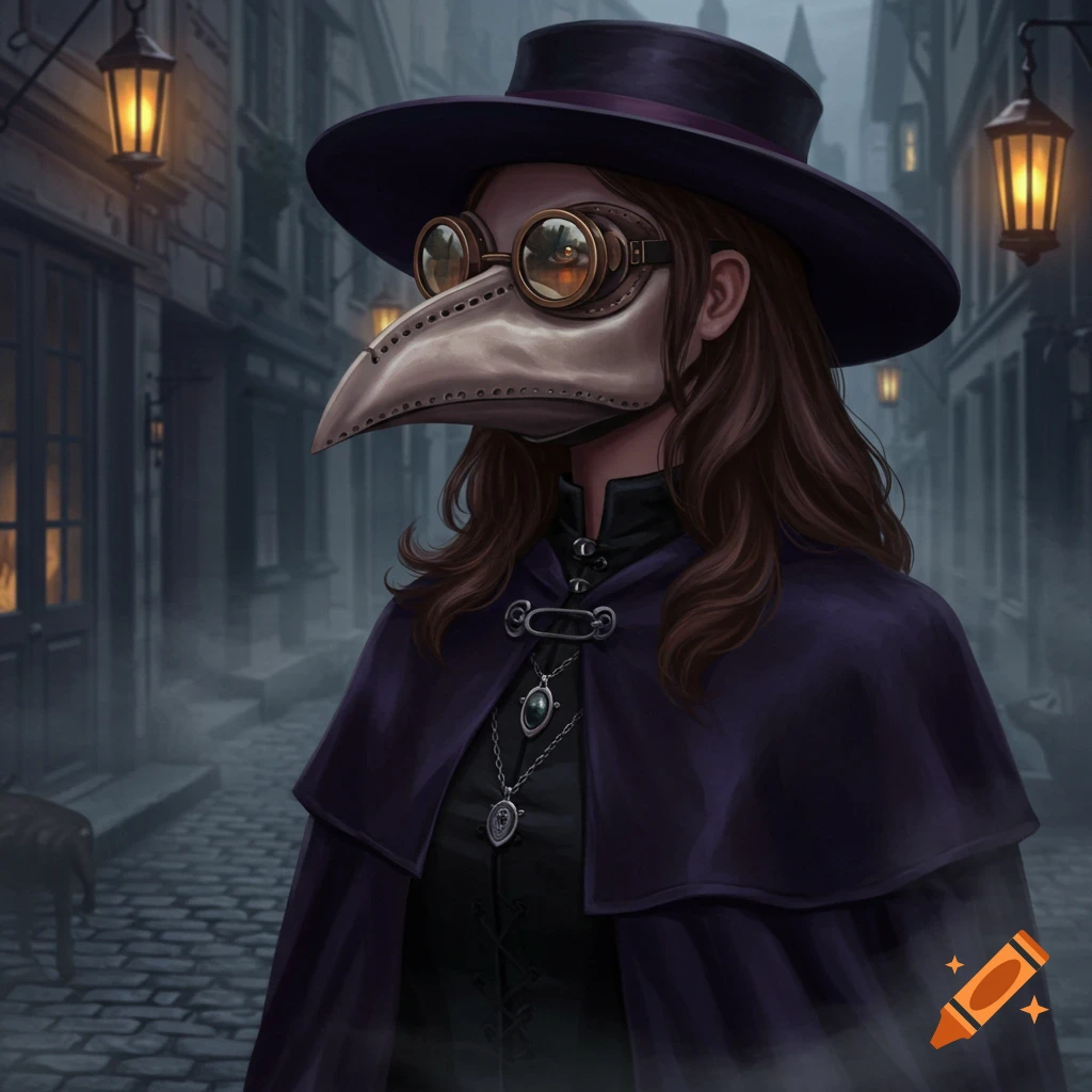 A plague doctor with a beak mask, wide-brimmed hat, and dark cloak stands in a foggy, gaslit cobblestone street.