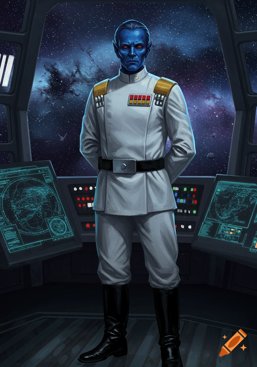 A blue-skinned alien man in a white Imperial officer uniform stands on a spaceship bridge with a view of space.