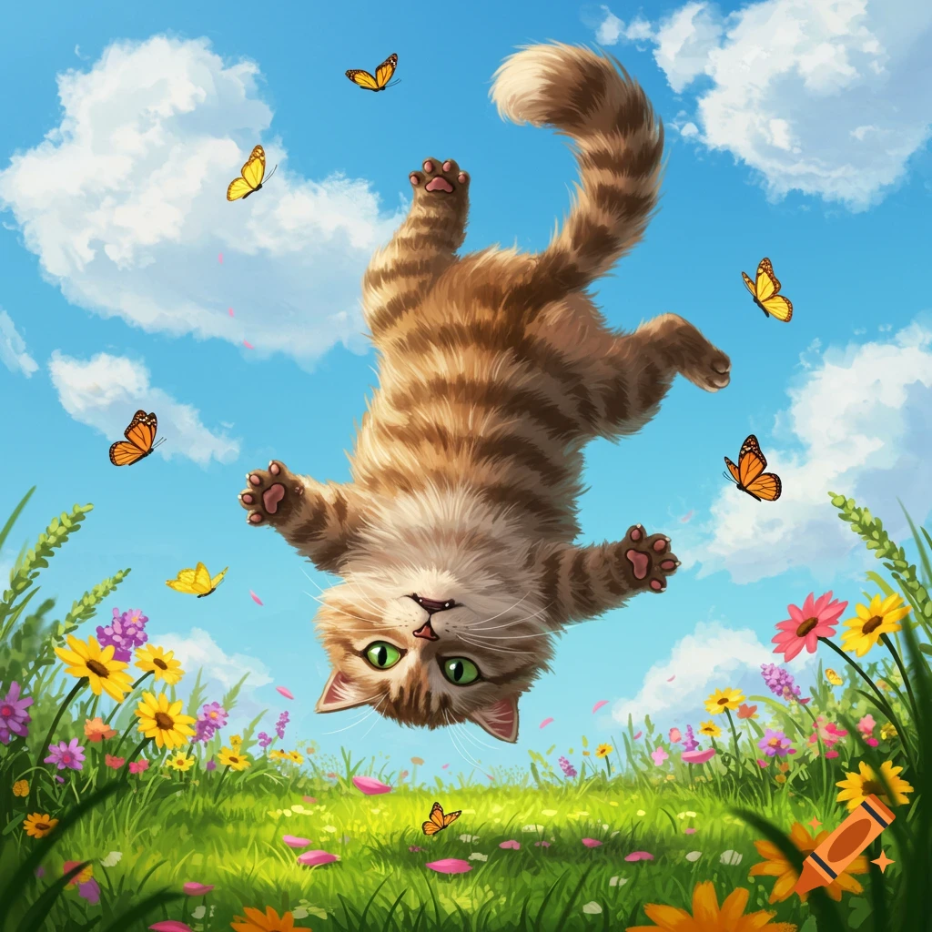 A fluffy orange tabby cat falls upside down into a vibrant field of colorful flowers under a blue sky with butterflies.