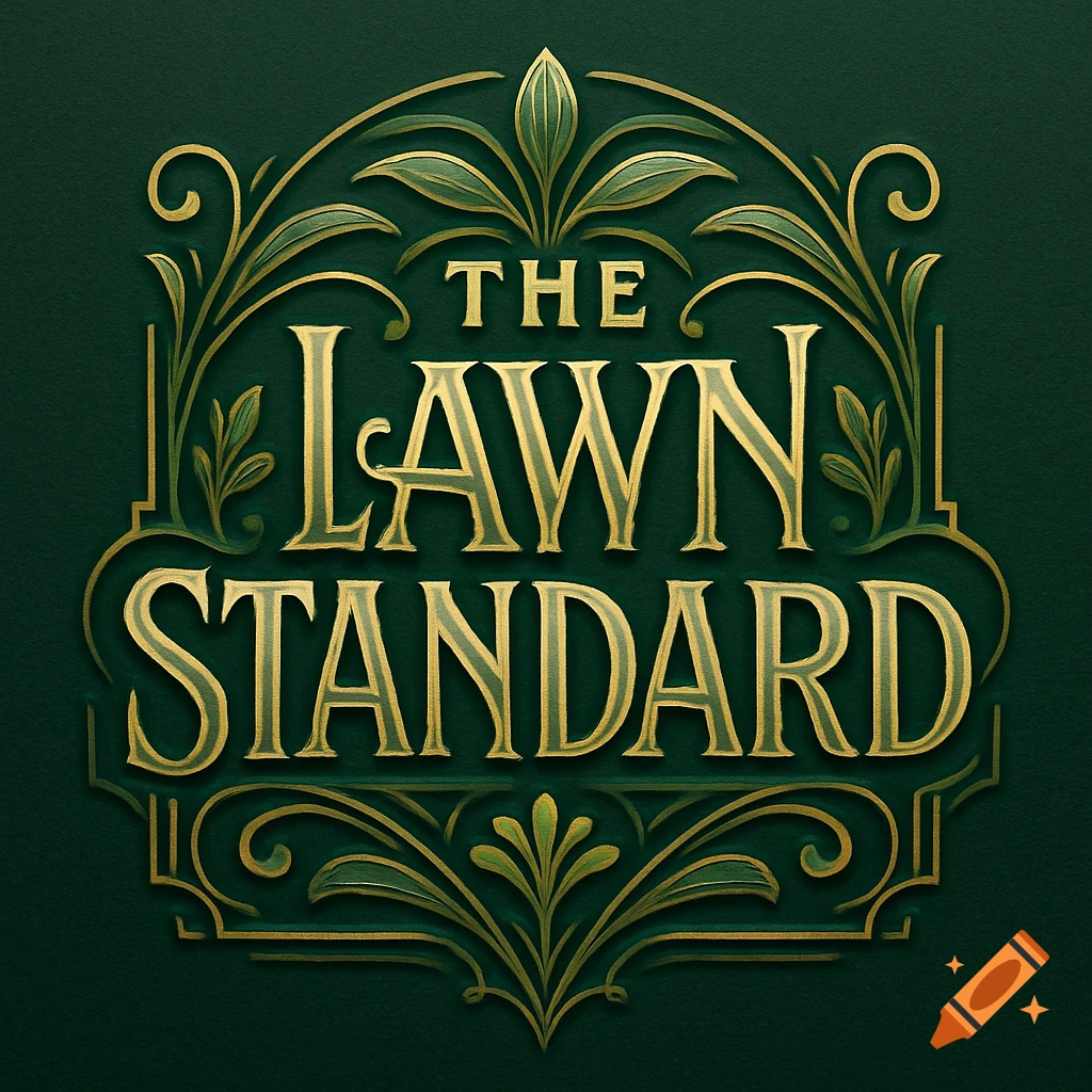 An intricate Art Deco logo for "The Lawn Standard" on a dark green background. The text is gold and surrounded by stylized botanical elements.
