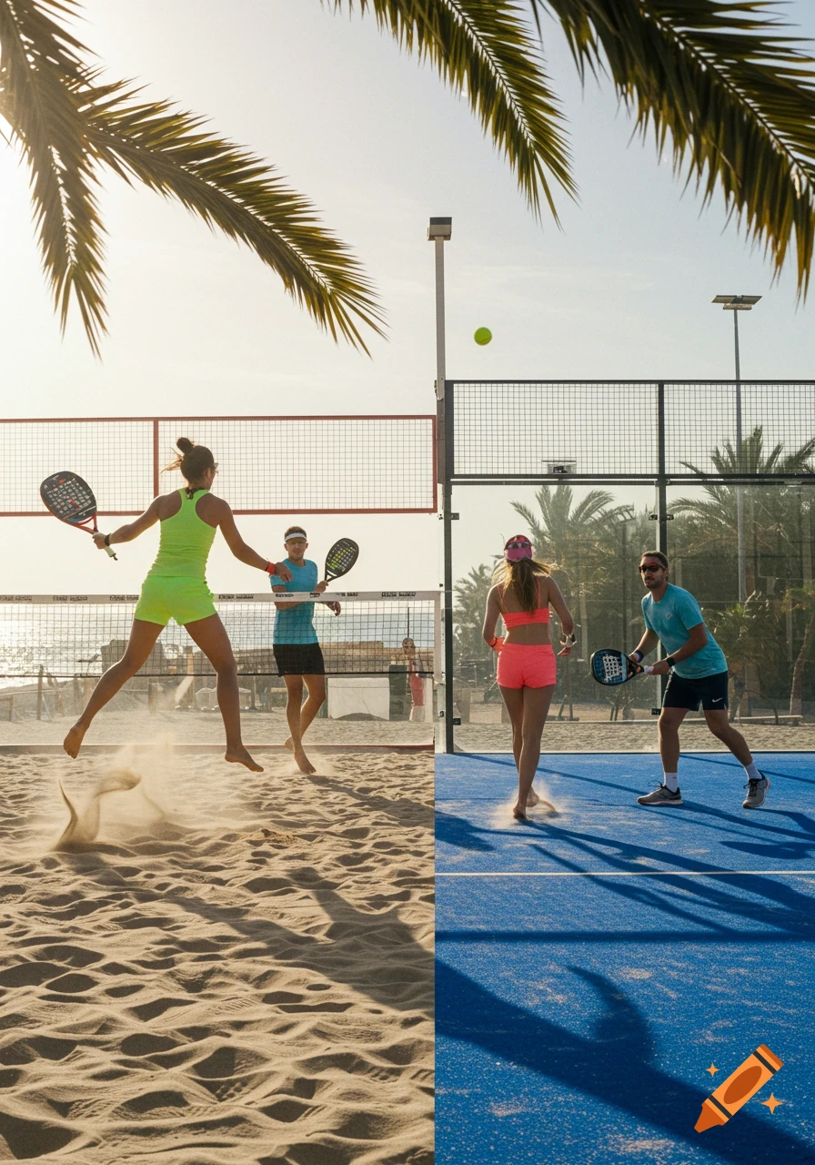 Four athletes playing beach tennis on sand and padel on a blue court under palm trees in bright sunlight.
