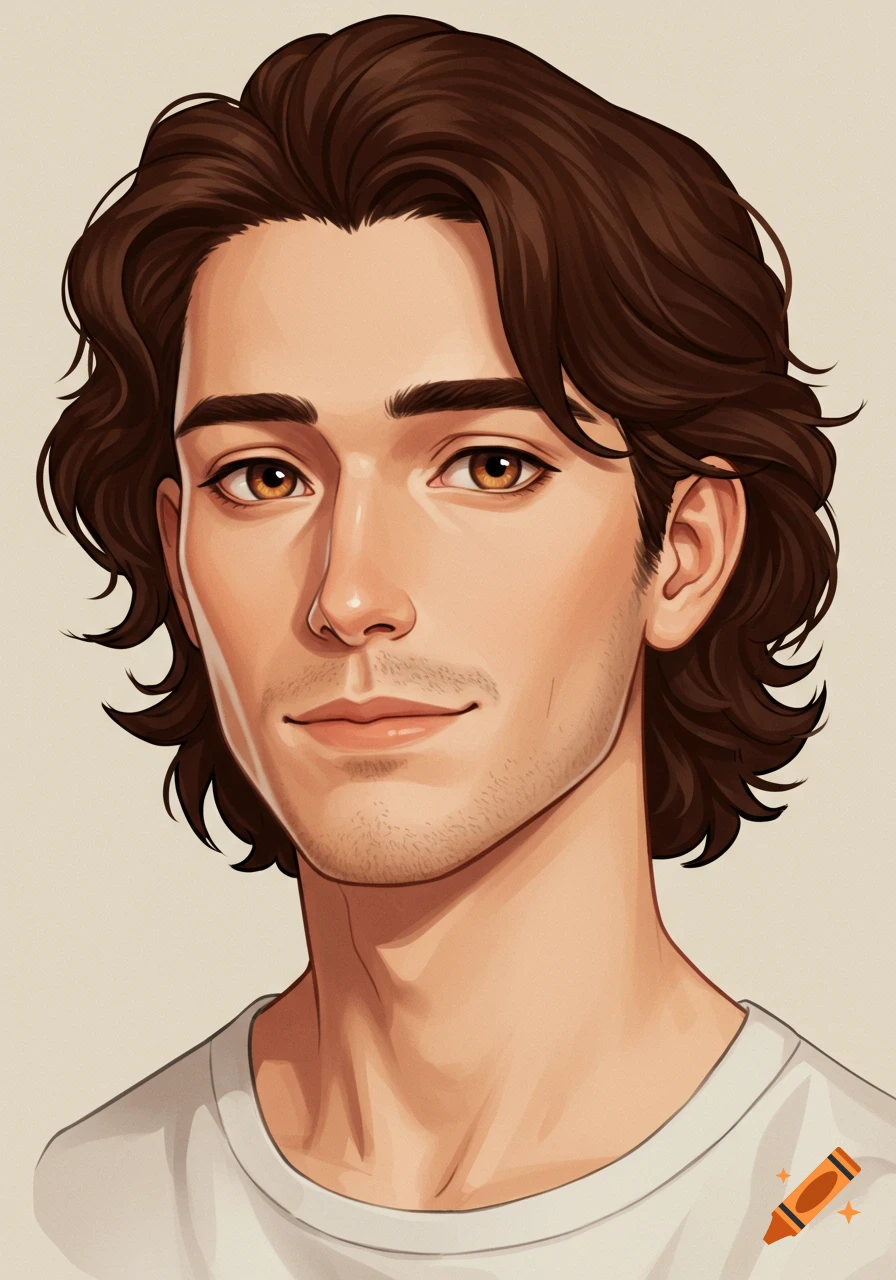 Stylized cartoon portrait of a man with wavy brown hair, amber eyes, and a subtle smile, wearing a white t-shirt on a pale background.