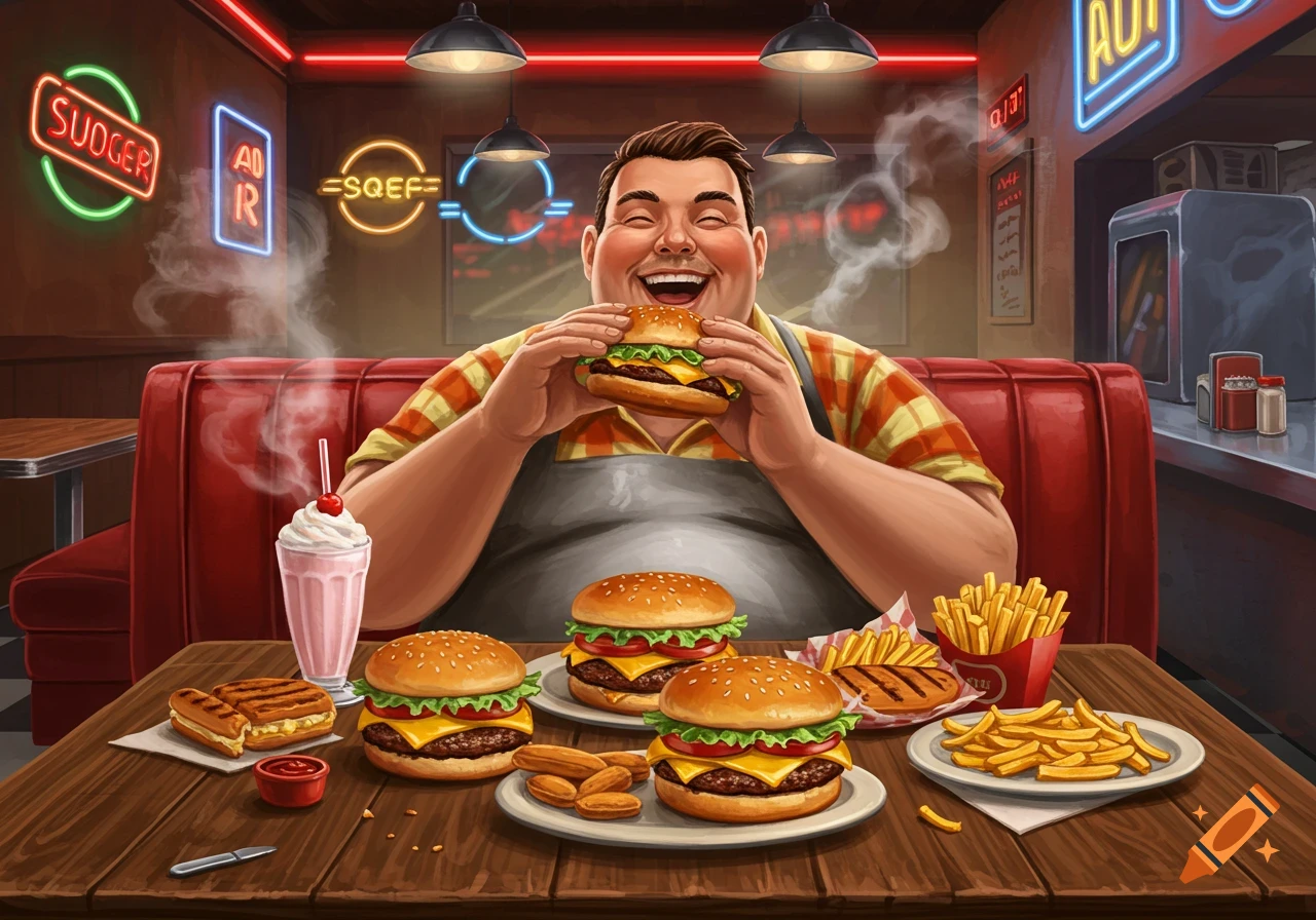 A man happily eats a burger at a table laden with burgers, fries, and a milkshake in a retro diner, cartoon illustration.