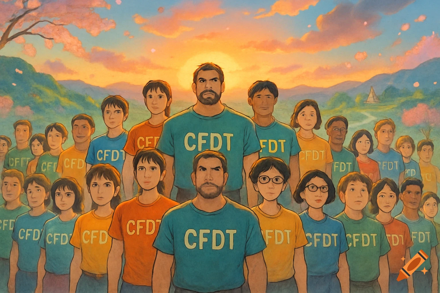 An anime-style image of a diverse group of people, adults and children, in a landscape with a sunset, wearing t-shirts with text.