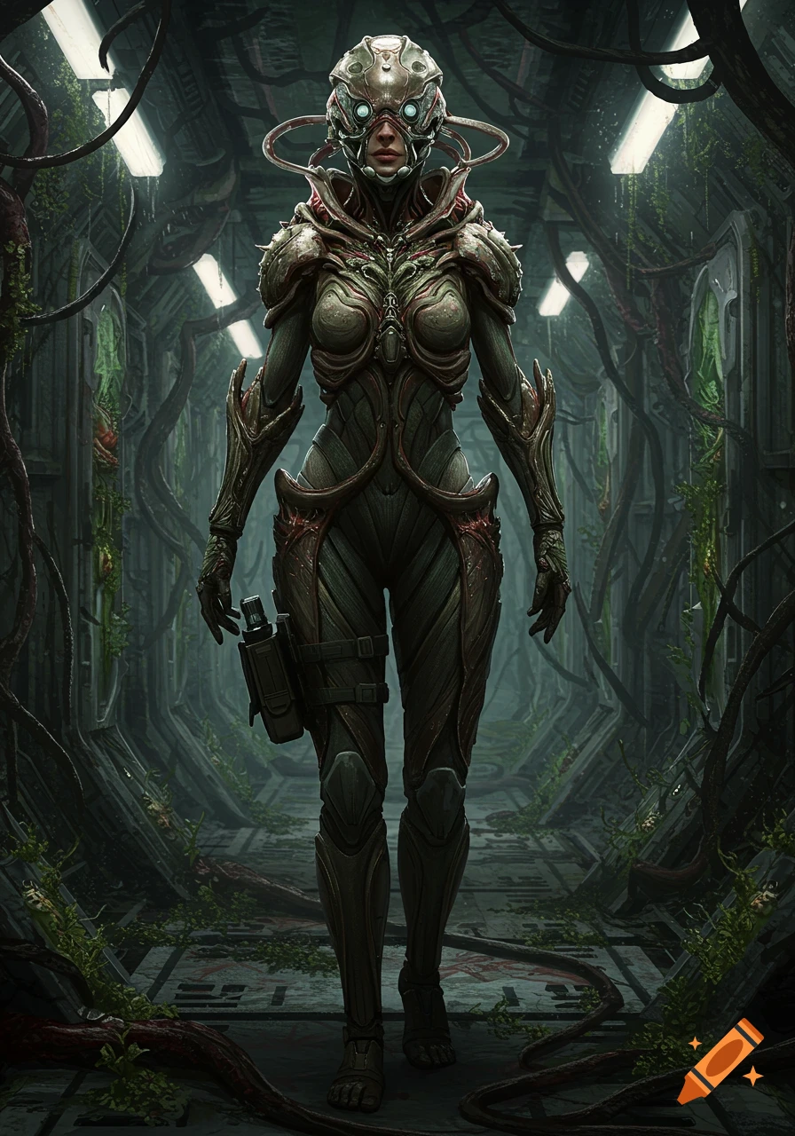 A female sci-fi freelancer in a biomechanical suit and partial helmet stands in a dark, decaying, organic corridor.