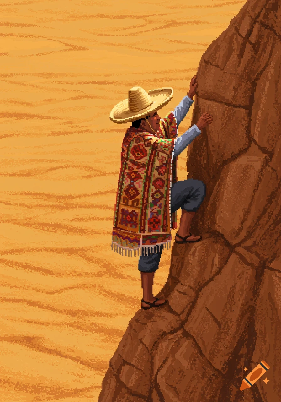 Pixel art of a person in a poncho and wide-brimmed hat scaling a rocky mesa in a desert.