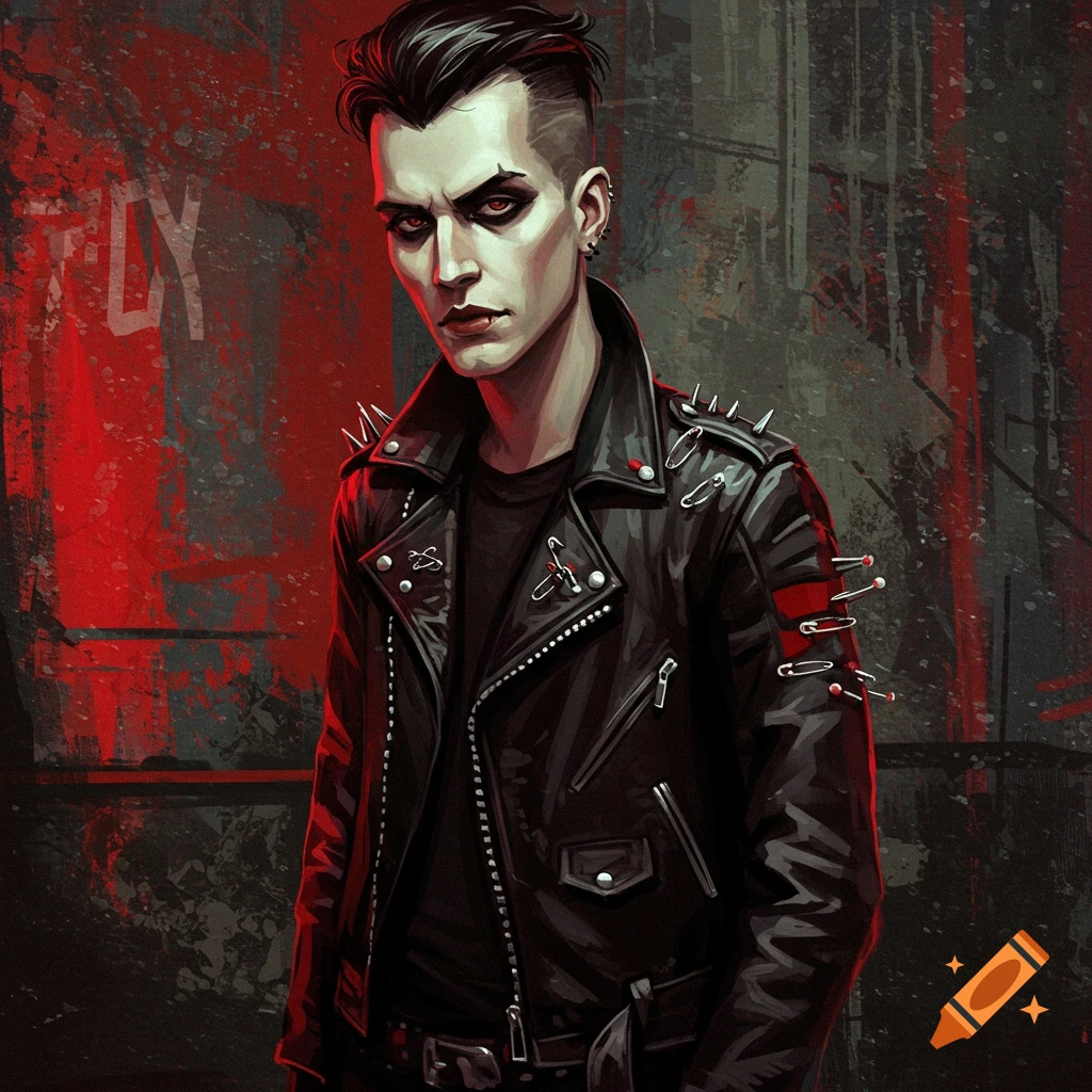 An illustration of a pale, dark-haired person with dark eye makeup and a studded leather jacket against a red and gray grunge background.