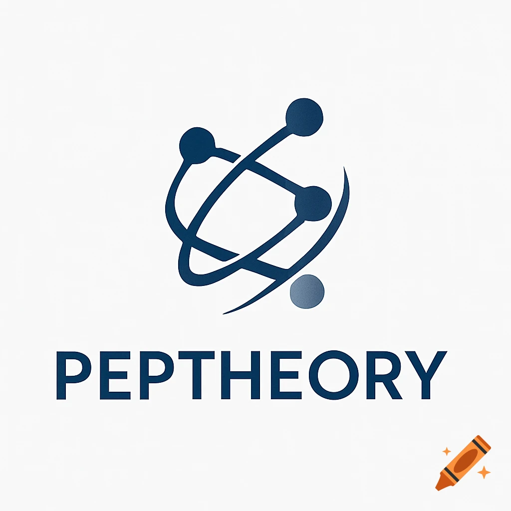 A minimalist blue and white business logo for 'PEPTHEORY', featuring interconnected abstract shapes.