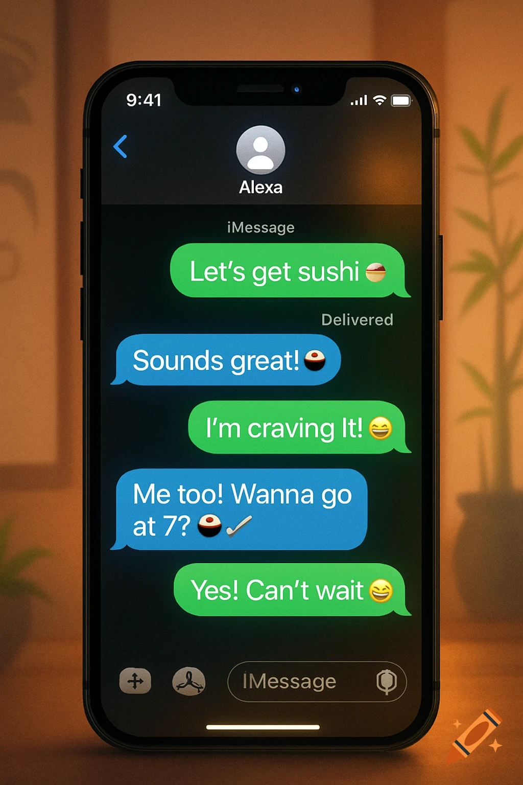 Smartphone screen displaying iMessage conversation about going to get sushi with Alexa.