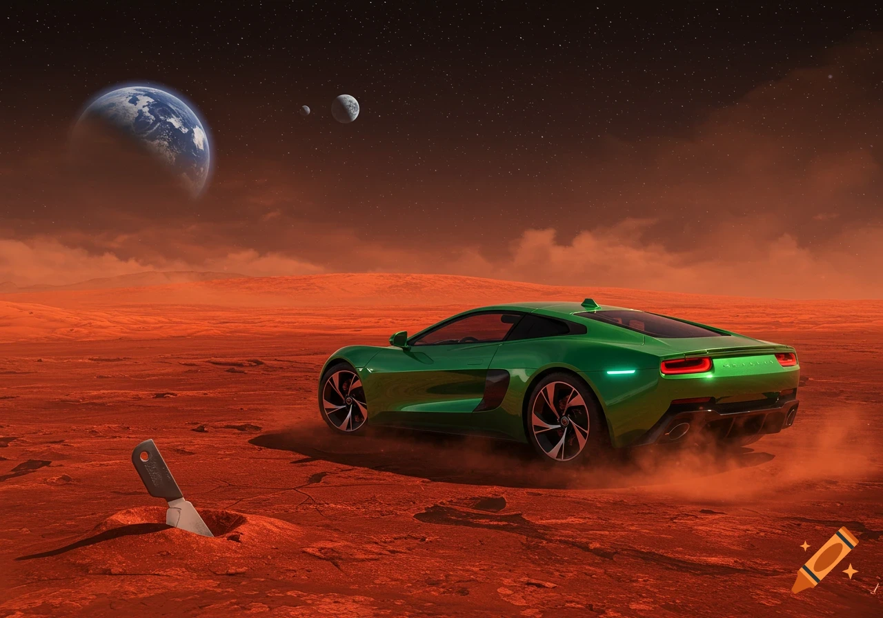A bright green sports car drives across a dusty red Martian landscape under a star-filled sky with Earth and two moons visible. A spatula is stuck in the ground.