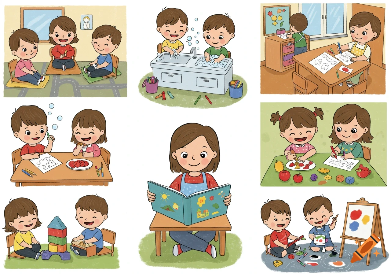 Cartoon illustration of children in a classroom engaging in activities: assembly, handwashing, drawing, eating, reading, and playing with blocks and paint.