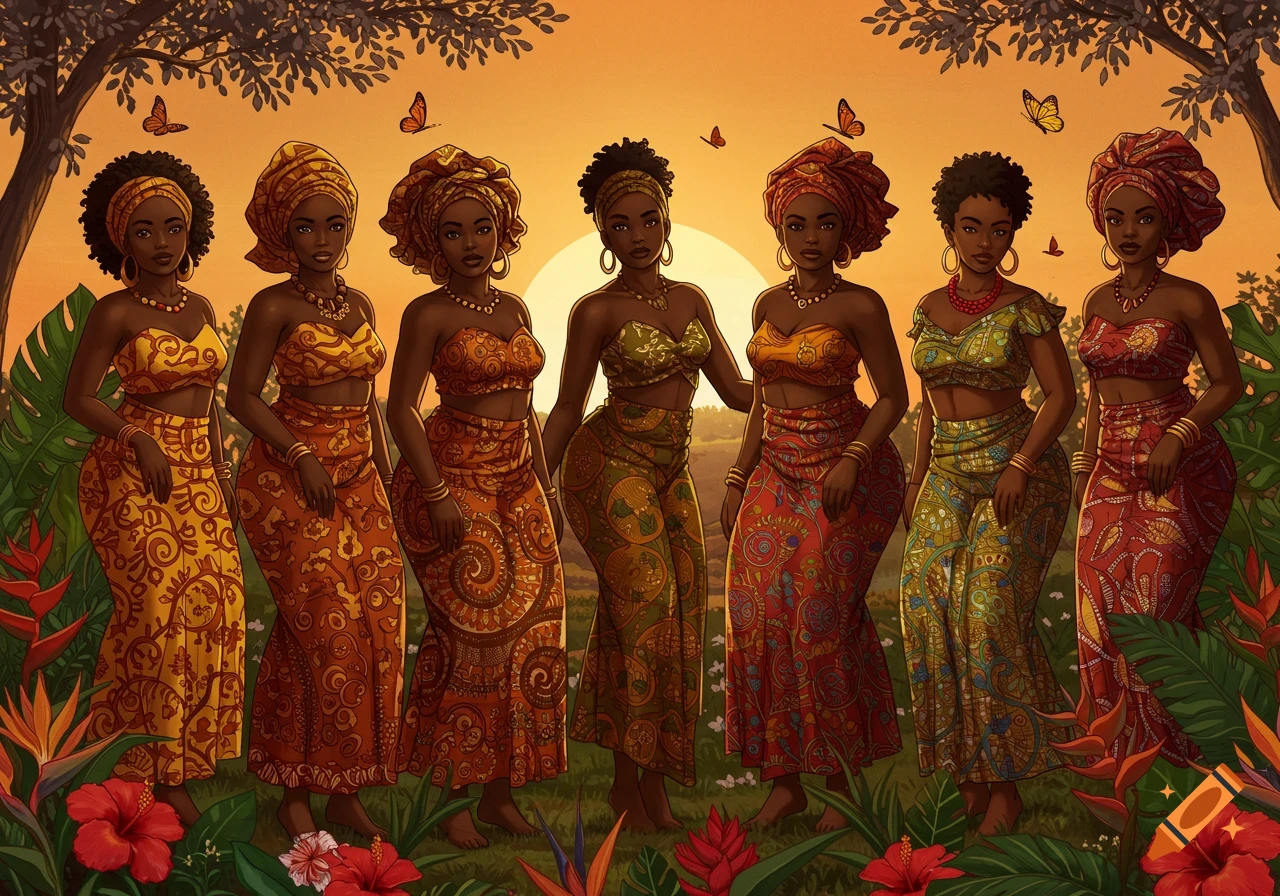 Seven African-American women in vibrant patterned dresses and headwraps stand in a tropical setting at sunset with butterflies.
