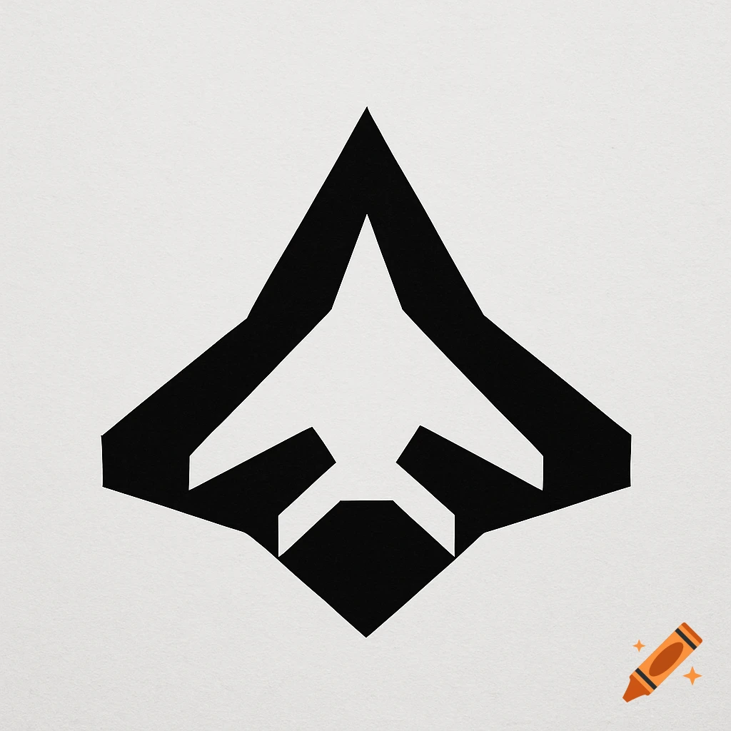 A black, angular, minimalist logo resembling a stealth fighter jet on a textured white background.
