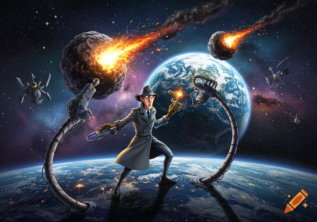 Inspector Gadget in space, using his extending arms to fight flaming asteroids threatening Earth, cartoon style.