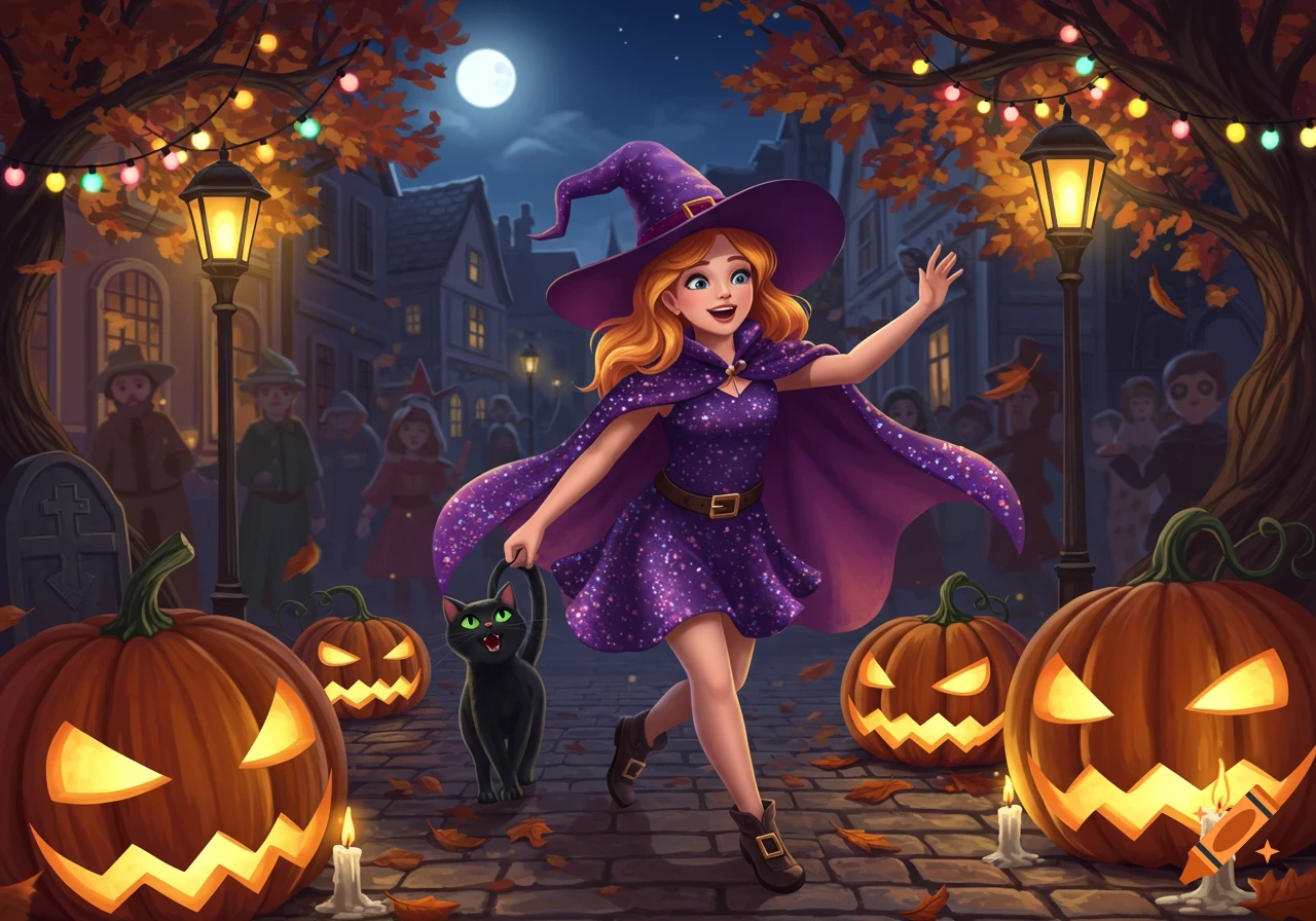 A happy cartoon witch and her black cat walk along a Halloween street lit by glowing jack-o'-lanterns, string lights, and a full moon.