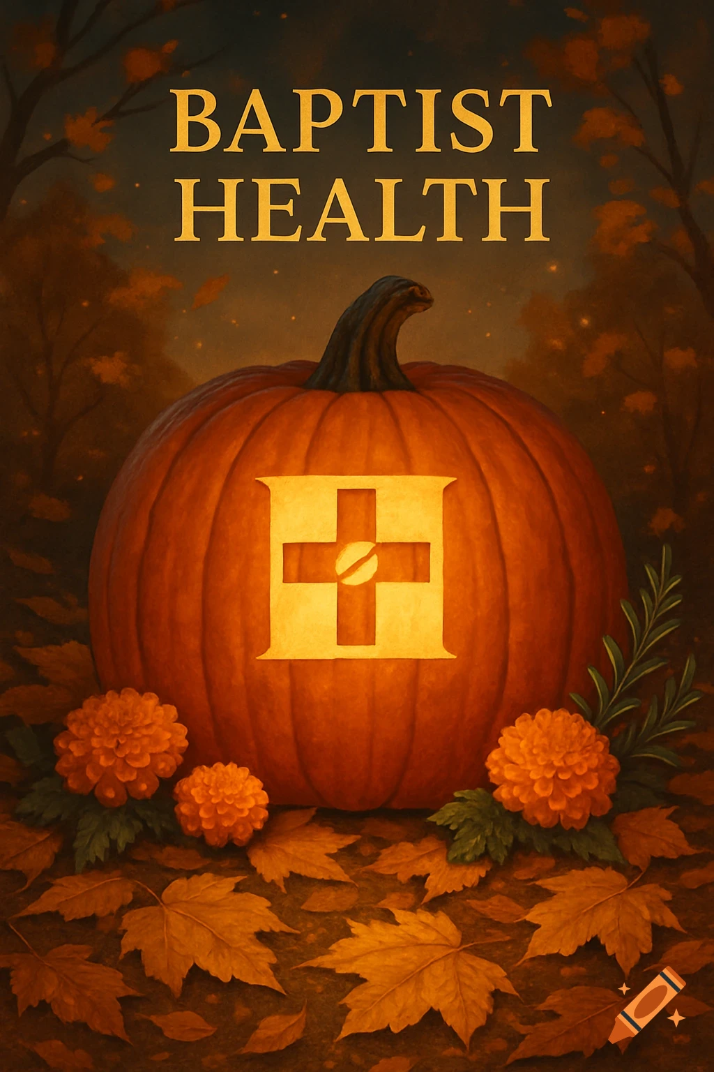 A digital illustration of a pumpkin decorated with the Baptist Health logo, surrounded by autumn leaves and orange flowers.