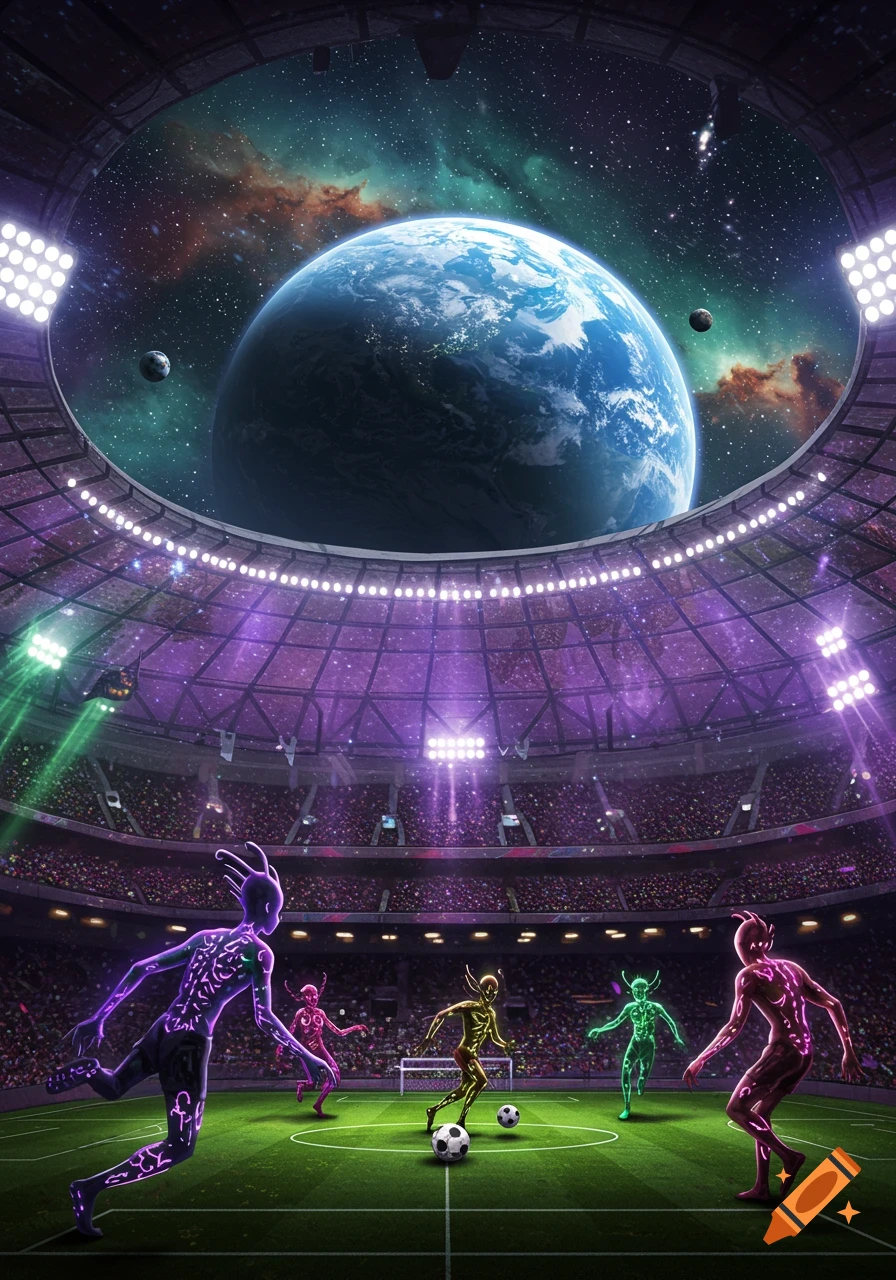 Stylized aliens play soccer in a futuristic stadium under a giant planet and nebula in space, dramatic lighting.