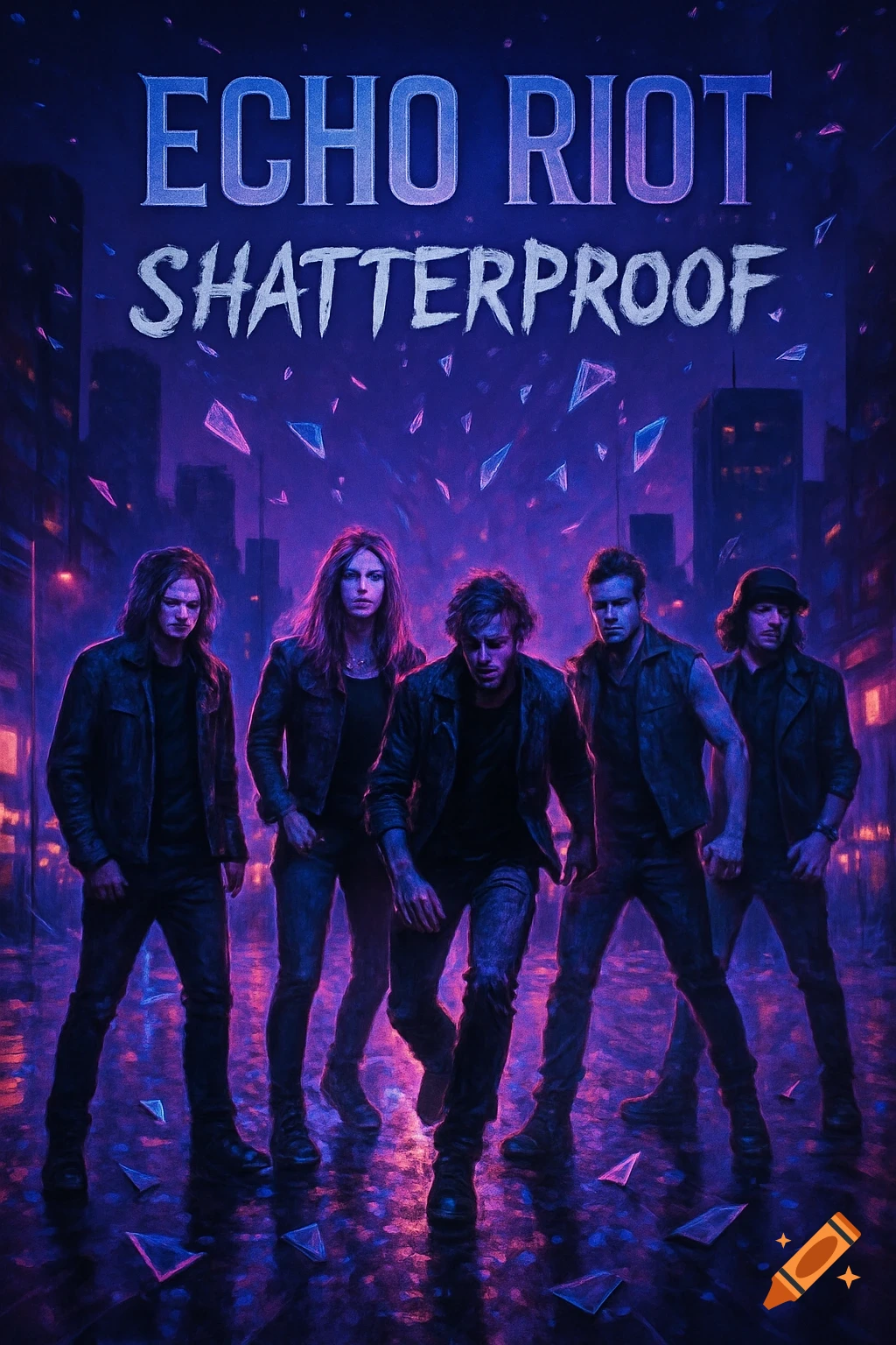 A band stands in a dark, neon-lit urban street with shattered glass floating around them. Text reads 'ECHO RIOT SHATTERPROOF'.