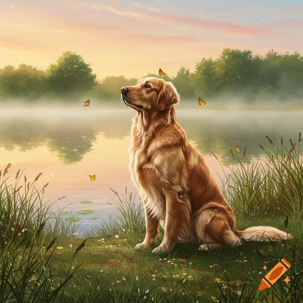 A painterly image of a golden retriever dog sitting by a misty lake with butterflies at sunrise.