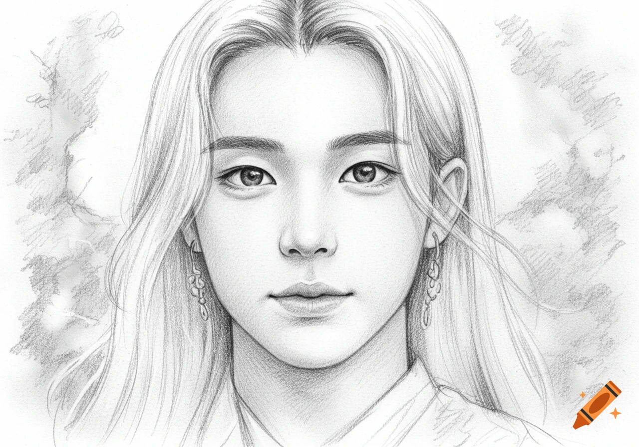 A black and white pencil sketch of a person with long hair, wearing earrings and looking forward.