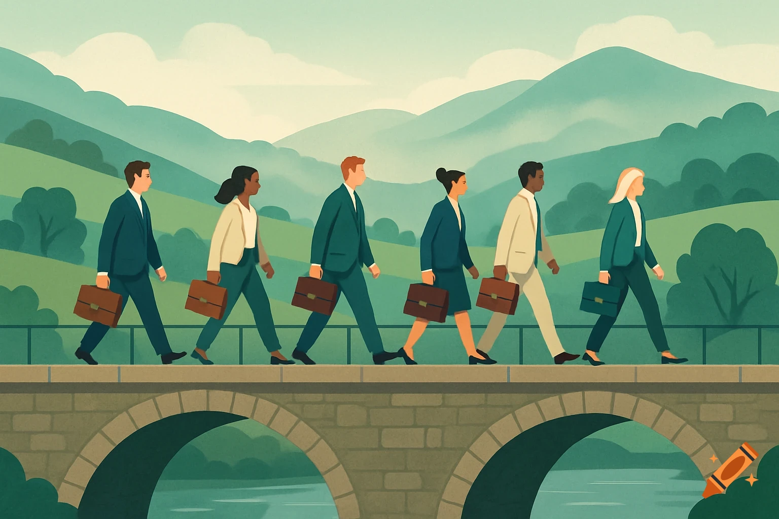 Six diverse business people walk left across a stone bridge over a river, with green hills in the background, minimalist cartoon style.