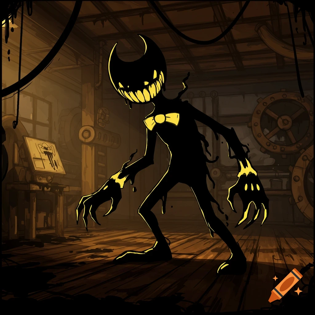 A creepy, black Ink Demon with glowing yellow eyes and a bow tie stands in a dark, grimy workshop, dripping ink.