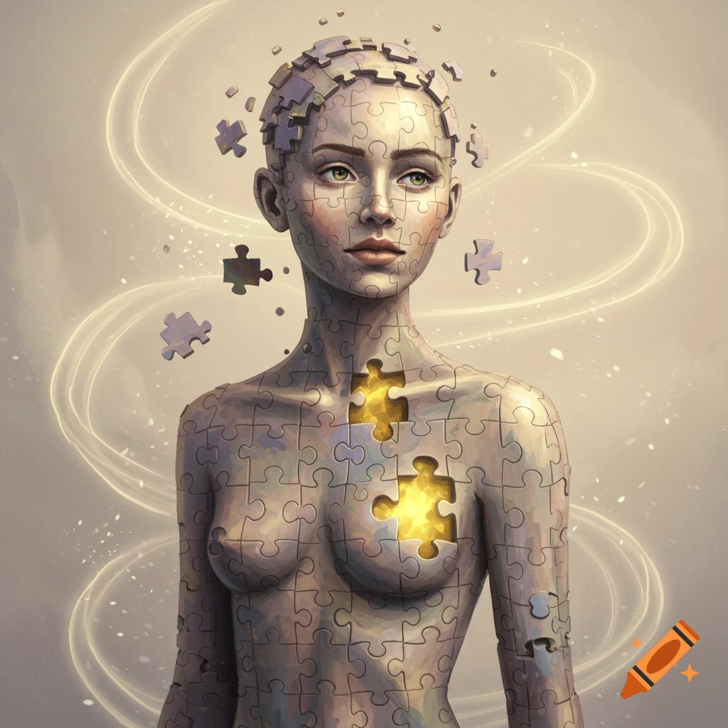 A conceptual art piece of a woman made of puzzle pieces, with glowing light emanating from missing pieces in her chest and head.