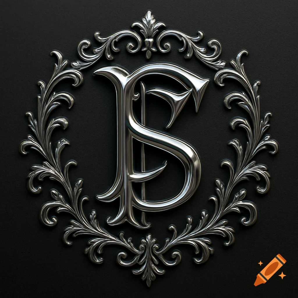 A luxurious silver monogram of intertwined letters 'P' and 'S' framed by intricate filigree on a dark background.