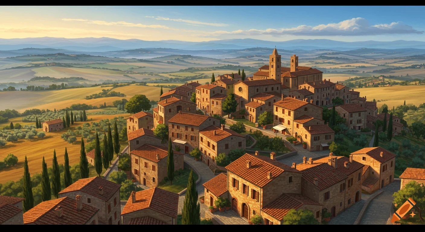 An illustrative panoramic view of an Italian village with stone buildings and terracotta roofs nestled among rolling green and gold hills.
