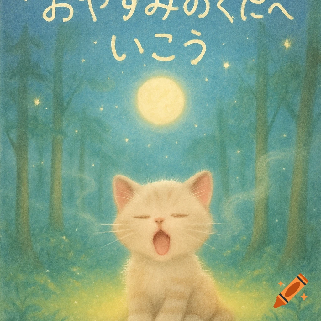 A sleepy kitten yawns in a dreamy, starry night forest under a full moon. Japanese text reads 'Let's go to the land of good night'.