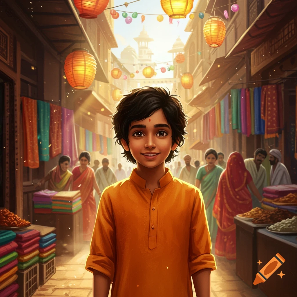 A smiling young Indian boy with dark curly hair and a red bindi, wearing an orange tunic, stands in a vibrant, bustling marketplace with hanging lanterns.