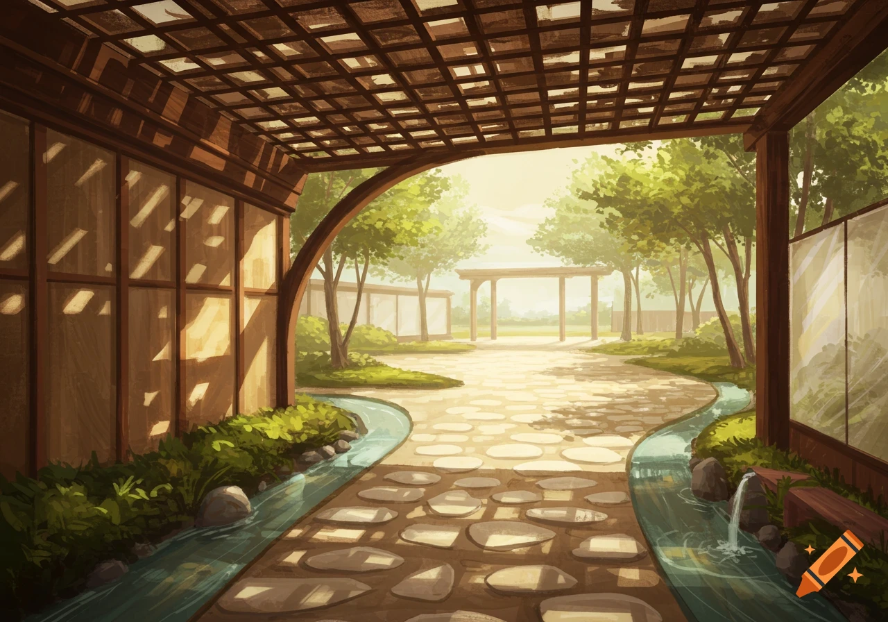 A serene digital painting of a Japanese garden with a trellised passage, stone path, and a narrow water channel.