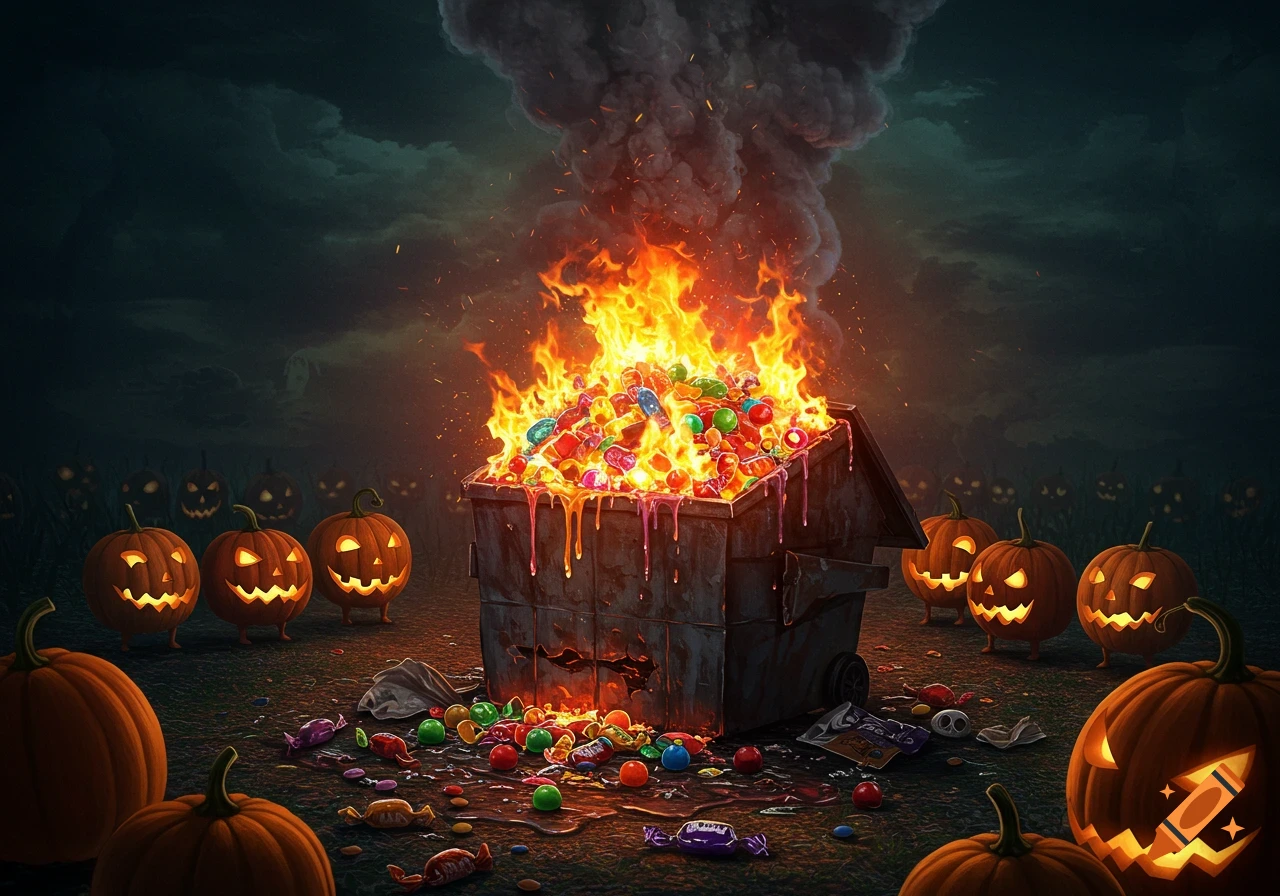 A spooky Halloween scene with a dumpster full of burning candy, surrounded by glowing jack-o-lanterns under a dark sky.
