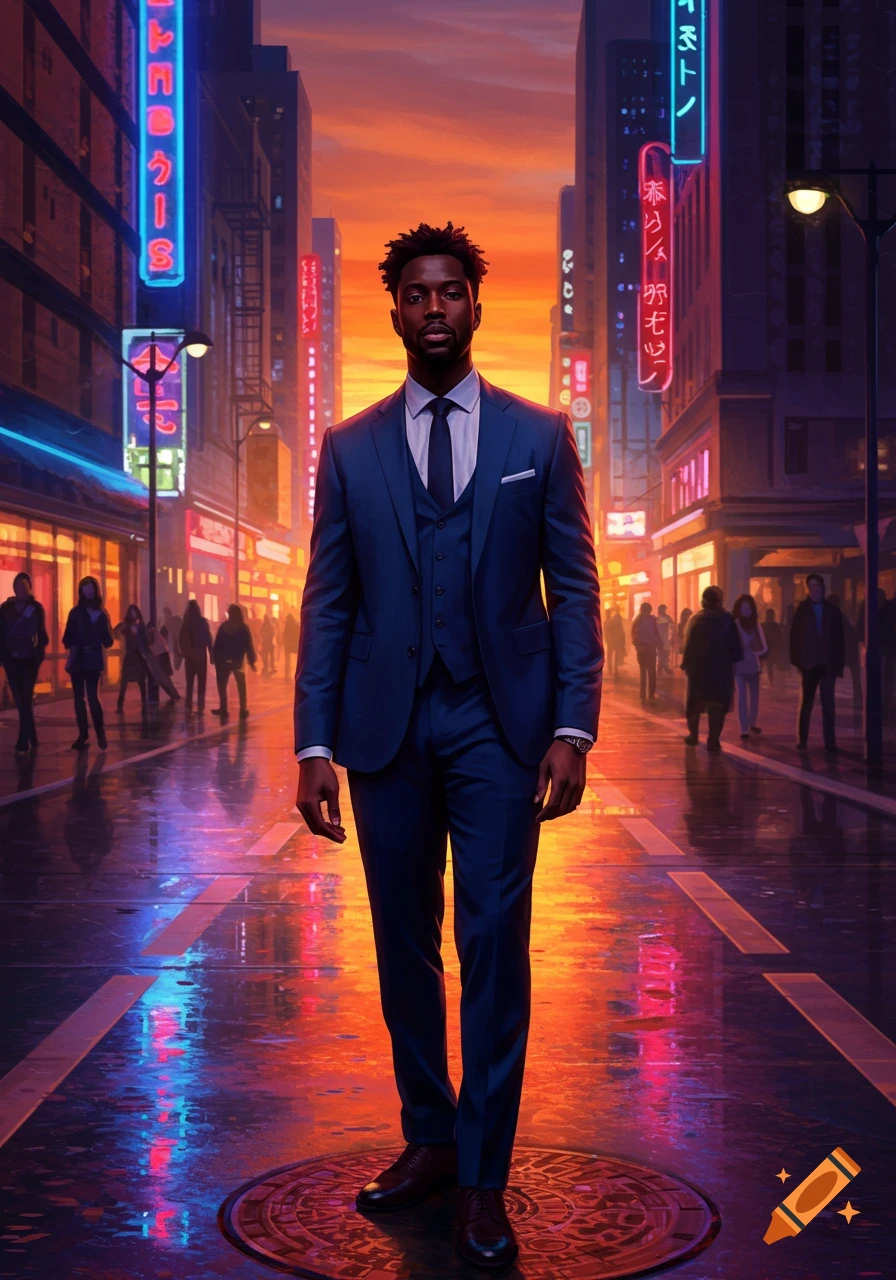A stylish Black man in a blue suit walks on a wet, neon-lit city street at dusk, with buildings in the background.