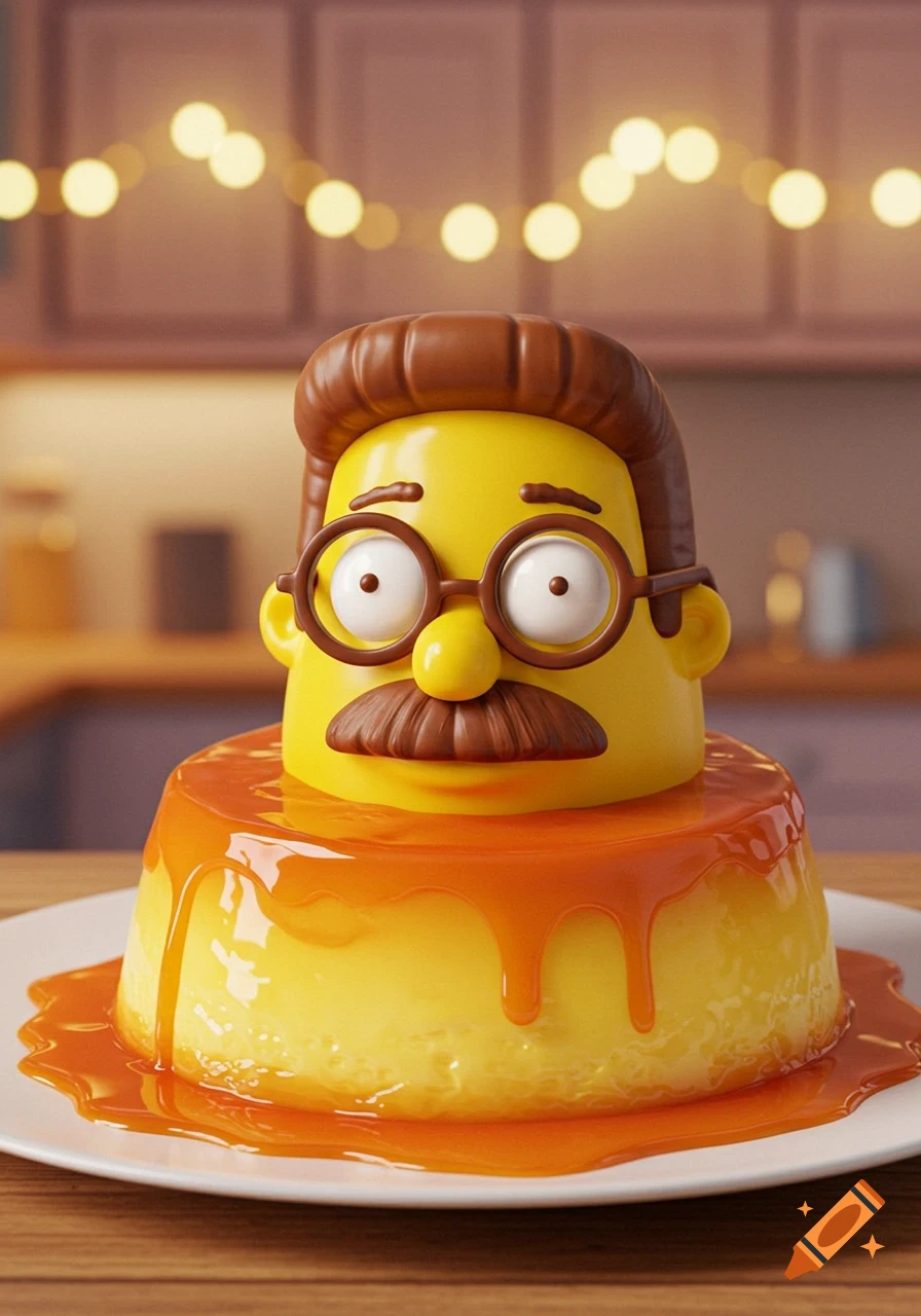 A 3D rendered dessert shaped like Ned Flanders' head, made of yellow flan with caramel sauce, on a white plate.