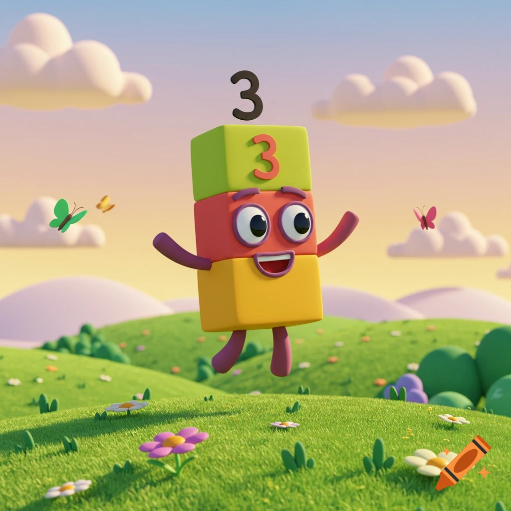 A cheerful 3D animated Numberblock 3 character jumps in a sunny, grassy field with butterflies and clouds.