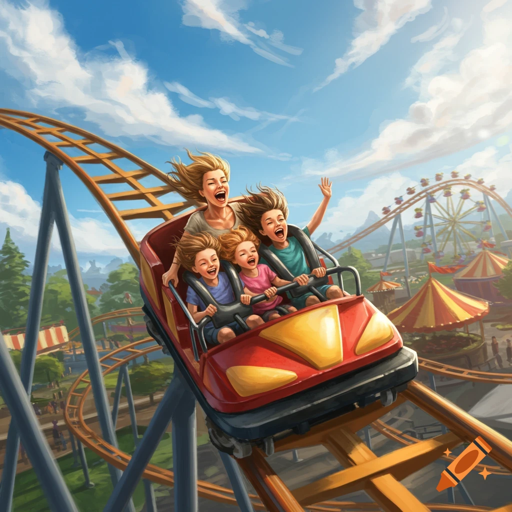 A mom and three kids scream with joy on a red rollercoaster at an amusement park, rendered in a vibrant illustrative style.