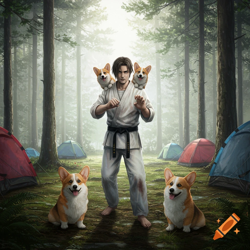 A man in a white karate gi and black belt stands in a forest campsite, with two corgis on his shoulders and two more sitting at his feet.