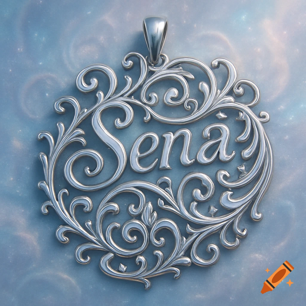 A detailed silver ornamental pendant featuring the name "Sena" in its center, set against a soft blue, cloudy background.