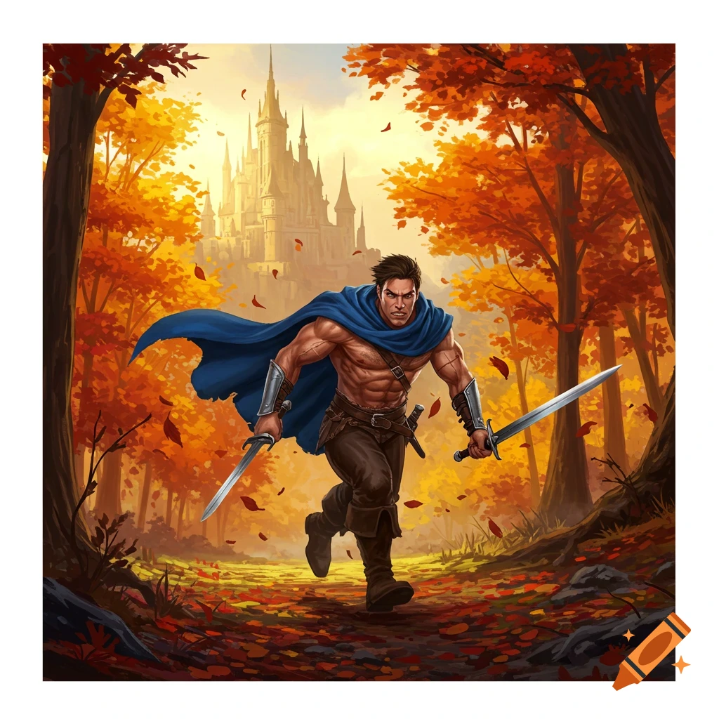 Muscular man with swords and blue cape runs through autumn forest with fallen leaves, a castle visible in the background, illustrative.
