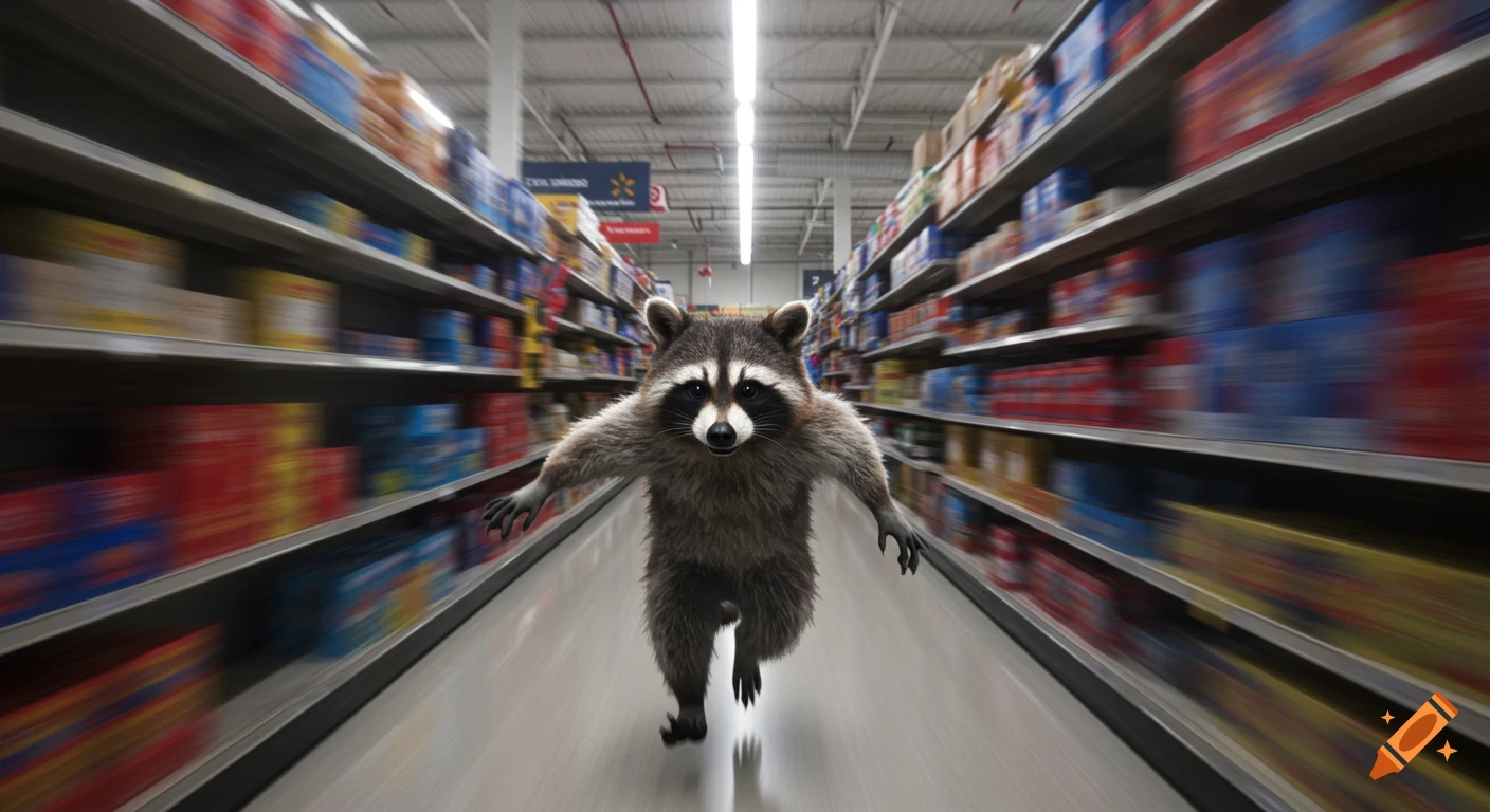 A photorealistic raccoon sprints down a supermarket aisle with blurred shelves.