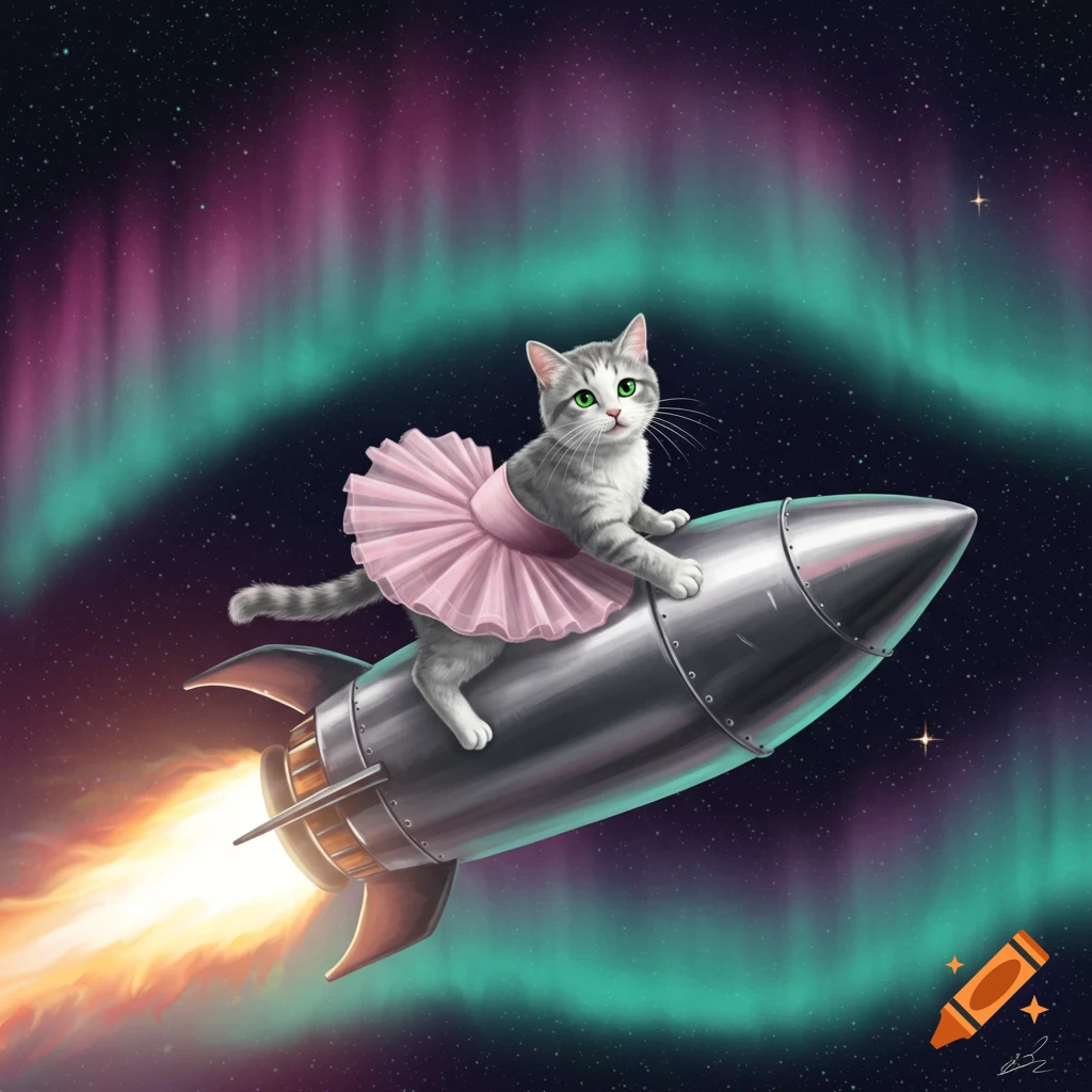 A grey tabby cat in a pink tutu rides a silver rocket through a starry space with a vibrant aurora borealis.