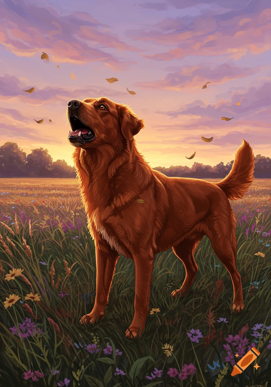 A brown dog howling in a field of wildflowers at sunset with falling leaves, illustration.