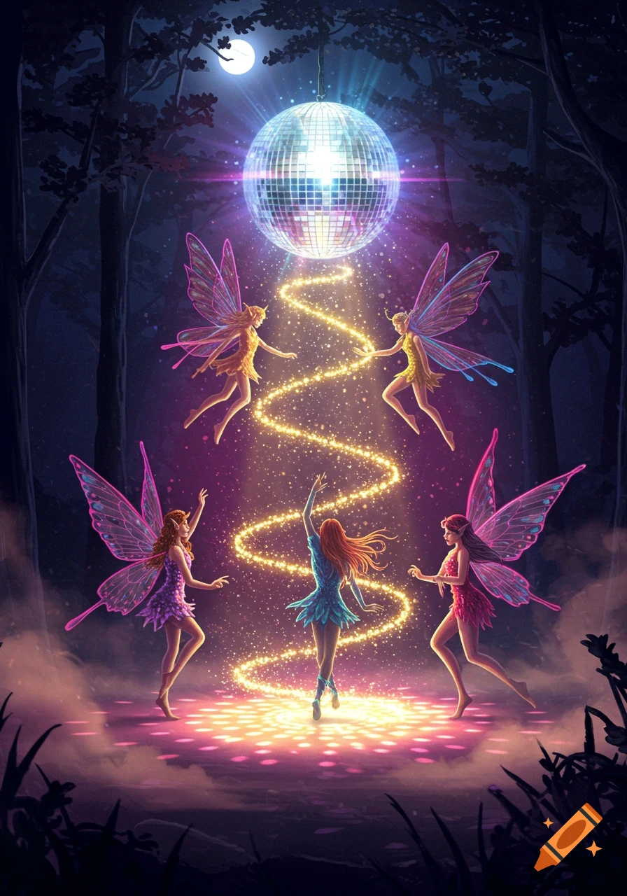 Five colorful fairies dance in a dark forest under a full moon and sparkling disco ball, illuminated by golden magical light.