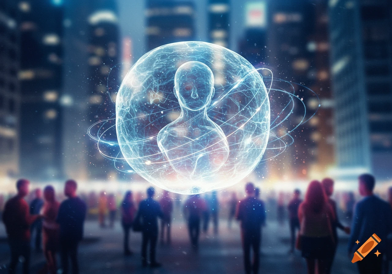 A glowing, ethereal human figure inside a networked sphere hovers above blurred crowds in a futuristic city at night.